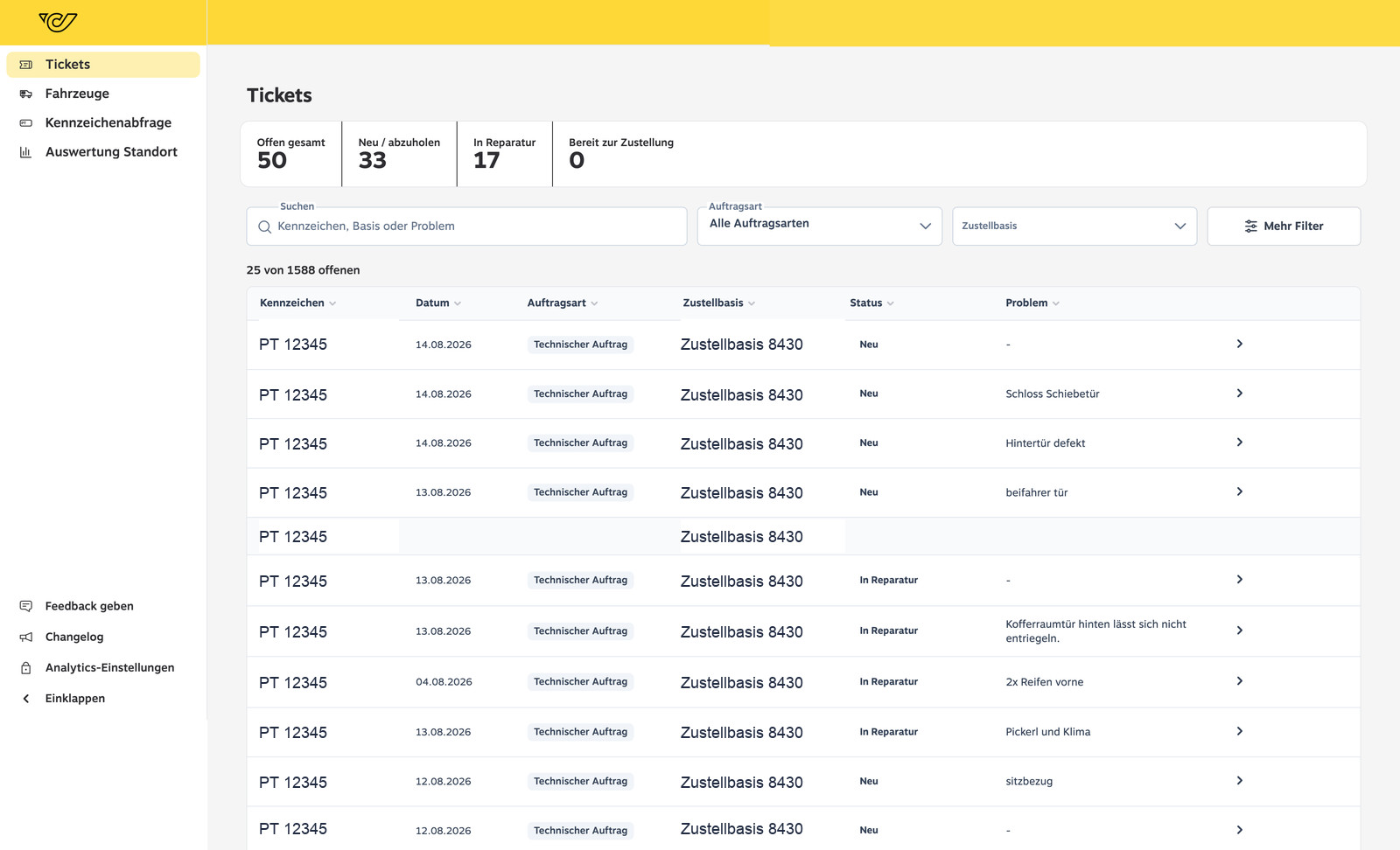 Ticketübersicht im WUMS Portal